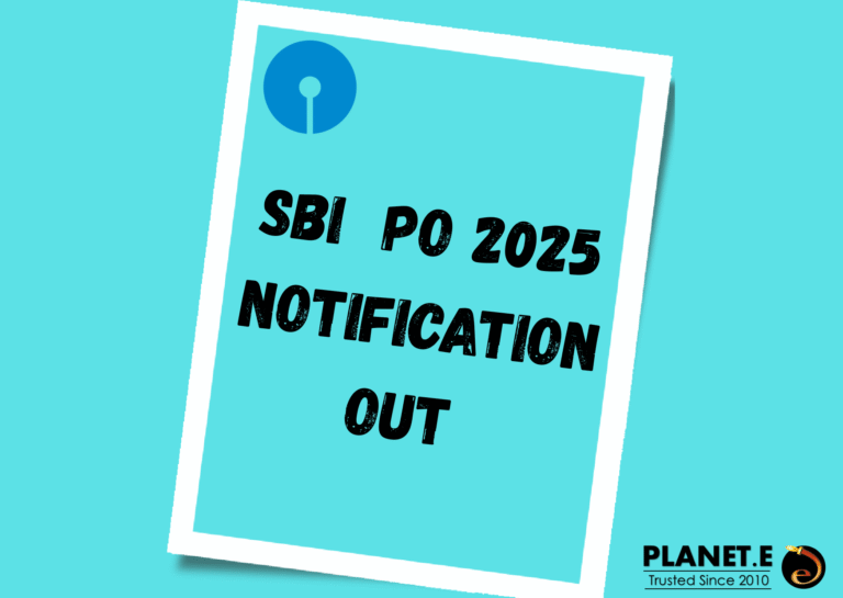 "Illustration of a young banking aspirant preparing for SBI PO 2025 exam with study materials, computer screen showing State Bank of India logo, and calendar highlighting important dates like prelims and mains exam – Designed by Planet E Institute"