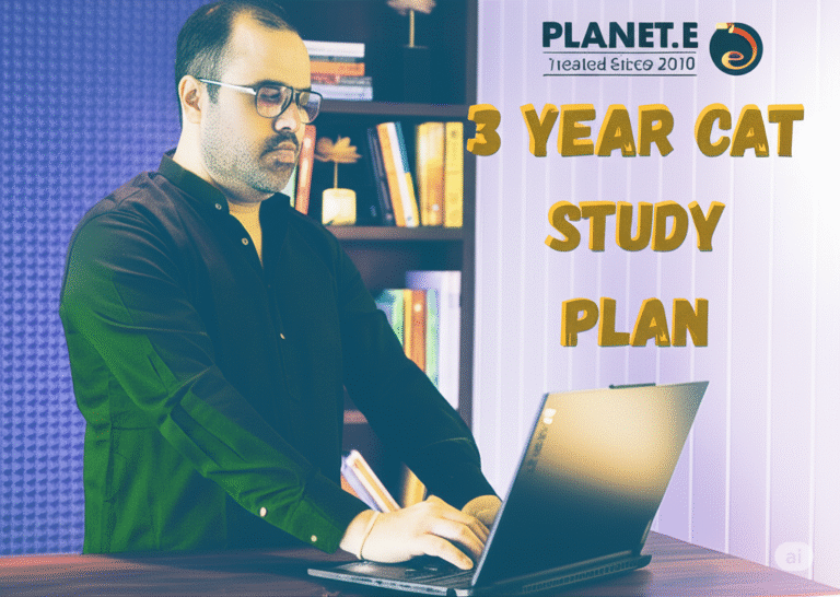 A student deeply focused on CAT preparation using Planet E study materials and laptop. Ideal for long-term CAT 2027 study plan.