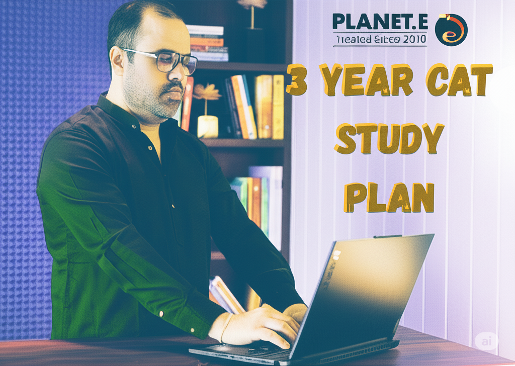 A student deeply focused on CAT preparation using Planet E study materials and laptop. Ideal for long-term CAT 2027 study plan.