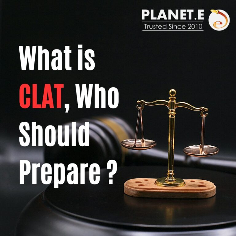 “Infographic by Planet E titled ‘How to Prepare for CLAT?’ showing section-wise CLAT preparation strategy. It includes tips for English, GK, Legal Reasoning, Logical Reasoning, and Quantitative Techniques, and emphasizes early preparation, mock tests, and a smart study plan.