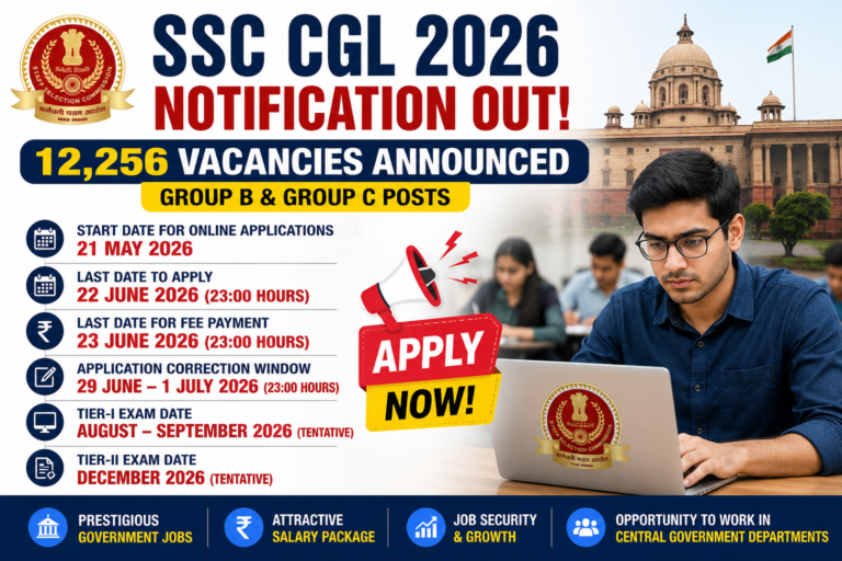 SSC CGL 2026 Notification released for 12,256 vacancies with application deadline June 22, 2026